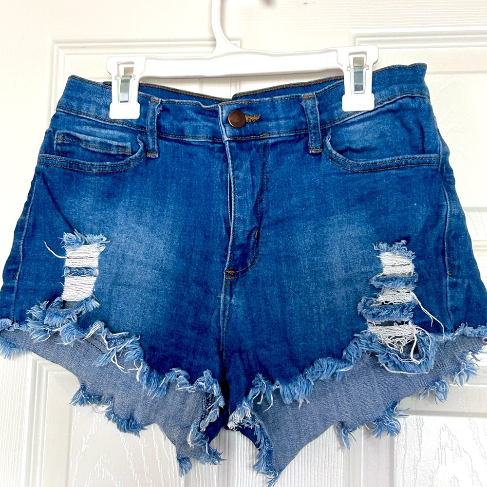 Distressed denim jean shorts